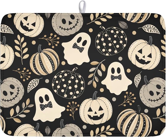 Halloween Dish Drying Mat for Kitchen Counter 18 x 24 Inch Pumpkin Ghost Dish Drainer Mat Absorbent Microfiber Autumn Leaves Dish Rack Pad for Coffee Dining Bar Decor