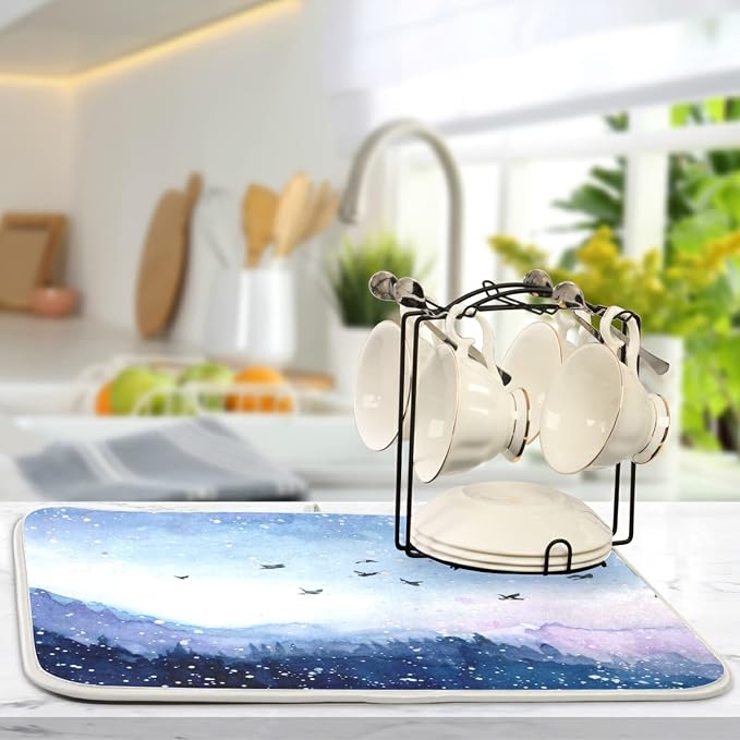 Absorbent Dish Drying Mat for Kitchen Counter - Watercolor Landscape Microfiber Drying Pad, Reversible Drainer Mats for Countertop, Small 16 x 18 inch