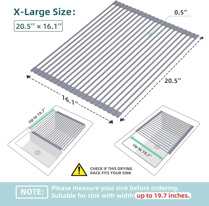 Ohuhu Sink Drying Rack, 20.5" W x 16.1" L Over The Sink Roll-Up Dish Drainer - Rolling Foldable Sink Accessories Heat-Resistant Mat Anti-Slip Silicone Coated Multipurpose for Kitchen Counter