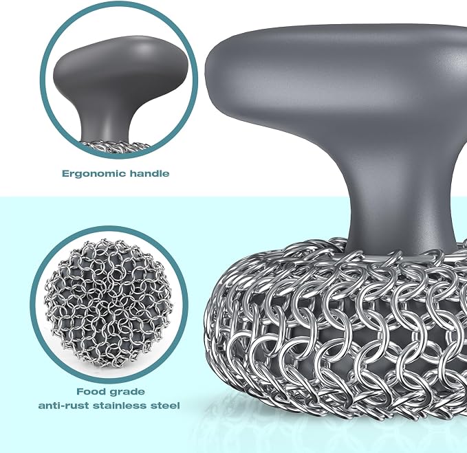 Cast Iron Scrubber | Dish Scrub Brush | 316 Cleaner Chainmail Scrubber for Cast Iron Pan Skillet Cleaner - Dish Scouring Pad Dishwasher Safe Cleaning Kit, Grey 02
