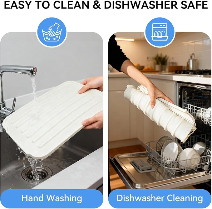 Silicone Dish Drying Mat, Drainage Spout, Extra Thick | Extra Thick 1.1" Silicone Mat , Drainage Spout , Heat Resistant Counter Protector , Sink & Coffee Station Use