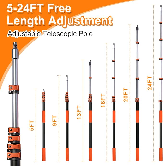 30FT High Reach Duster Kits with Dual Action Flip-Lock & Screw Fixing Design, 5-24FT Extension Pole, Cobweb Duster, Washable Ceiling Fan Cleaner & Window Squeegee for Glass & High Roof