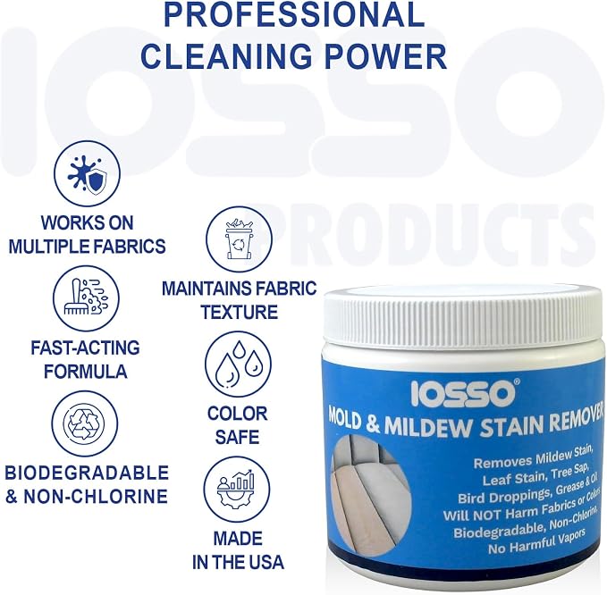 Iosso Mold & Mildew Stain Remover - Fast-Acting Mold and Mildew Remover for Boat Seats, Awnings, Tents, Covers | Color & Fabric Safe Non-Chlorine Concentrate Upholstery Cleaner Makes 3 Gallons