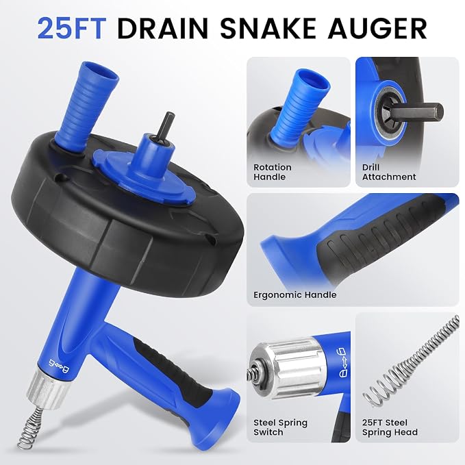 XJX Drain Auger, Plumbing Snake with Drill Adapter, 25FT Flexible Steel Drain Clog Remover, Manual or Powered for Kitchen, Bathroom & Shower Sink, with Gloves and Storage Bag Blue