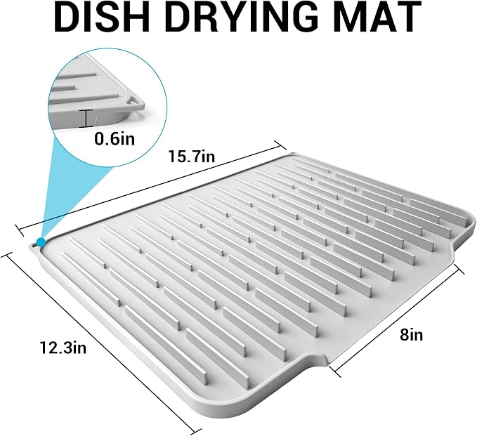 Foldable Silicone Dish Drying Mat for Kitchen Counter & Sink - Quick Dry, Space Saving, Non-Slip Pad for Small Apartments & Coffee Bar Light Grey