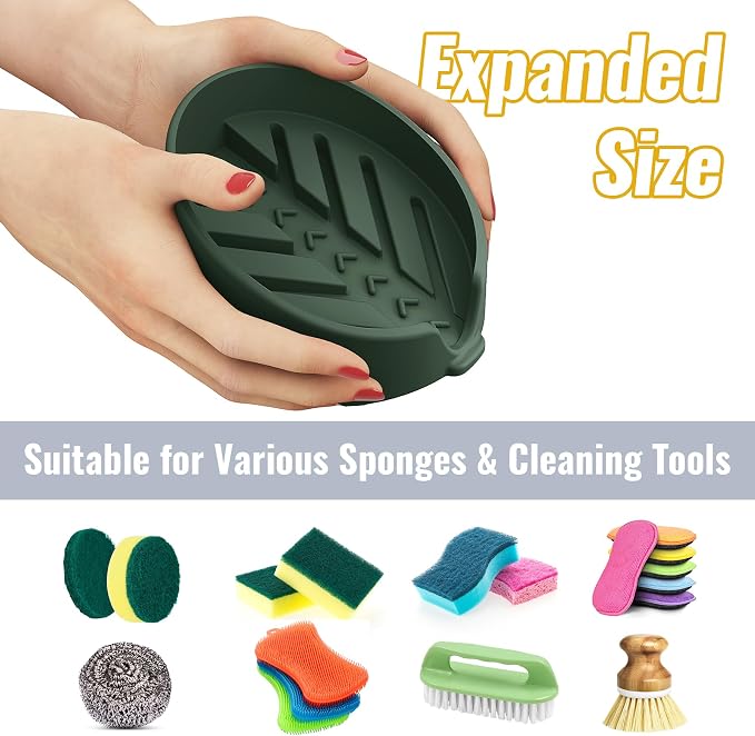 NiHome Silicone Sponge Holder for Kitchen Sink, Fits Scrub Daddy Mommy | Self-Draining Dispenser Organizer Tray, Sink Caddy Countertop Fits Soaps, Scrubber, Dishwasher Safe,Includes Brush,Dark Green