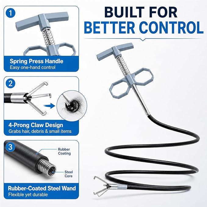 76 Inch Drain Snake Upgraded Ergonomic Grip – Toilet Snake Flexible Grabber Claw for Clog Remover & Pick Up Small Items