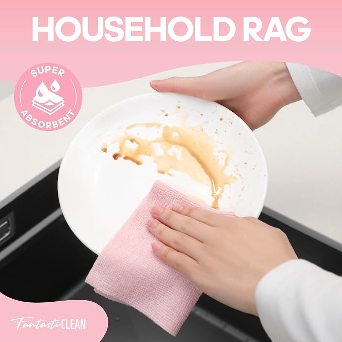 Fantasticlean Microfiber Cleaning Cloth Roll 2 Rolls 120 Pack, Tear Away Paperless Towels, 8" x 8", Reusable Washable Rags, House Kitchen, Pet, Office, Indoor Outdoor, Portable (Pink and Off-White)