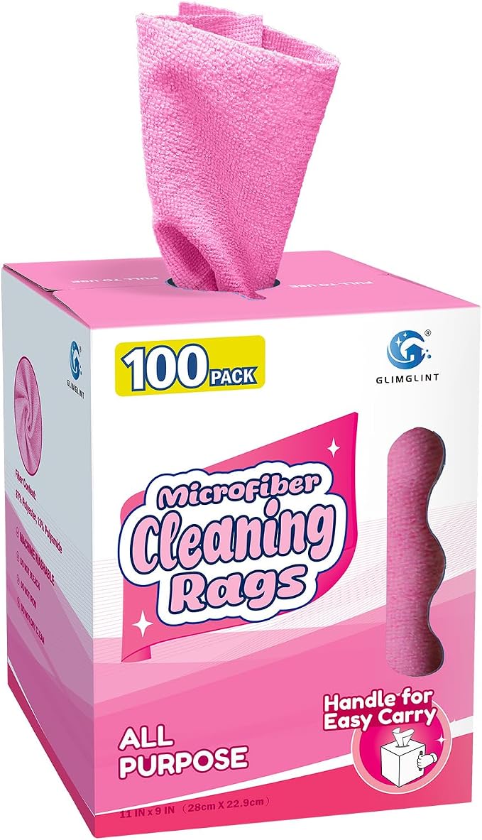 GLIMGLINT Pink Microfiber Cleaning Cloth, 100 Pack Cleaning Rags, Lint-Free, Ultra Absorbent Reusable Paper Towels for Home, Kitchen, Car, Garage or Shop, Dish Rags, 11" x 9"