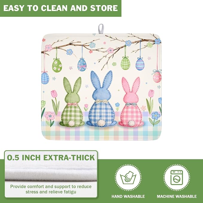 Easter Bunny Dish Drying Mat for Kitchen Counter 16 x 18 Inch Rabbit Eggs Dish Drainer Mat Absorbent Microfiber Dish Rack Pad for Spring Holiday Coffee Dining Bar Decor