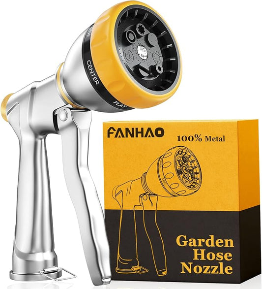 FANHAO Metal Garden Hose Nozzle Heavy Duty, 7 Adjustable Spray Patterns | Rustproof Zinc Alloy, Ergonomic Grip, Hands-Free Lock, Leak Proof High Pressure Water Nozzle for Lawn & Plant, Car & Pet