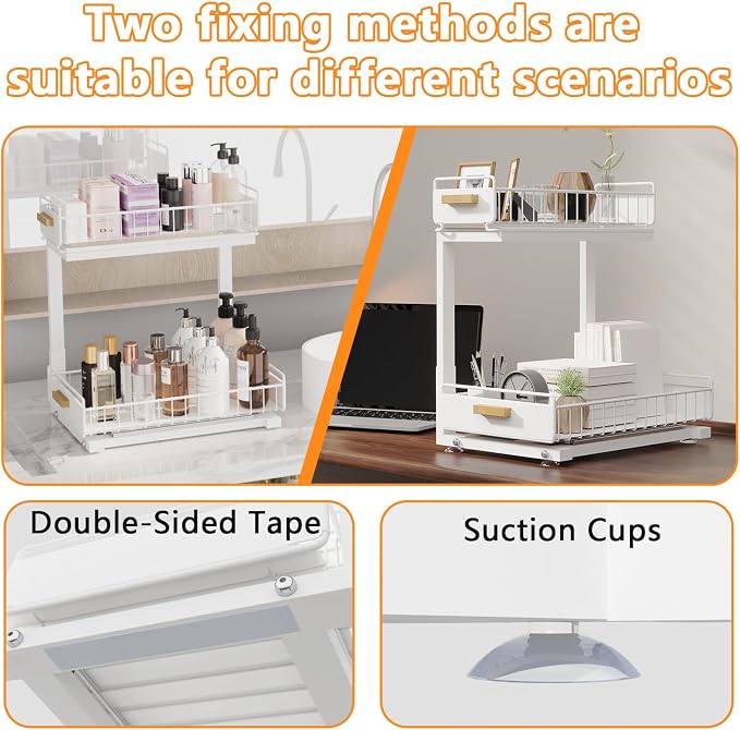 2 Pack Under Sink Organizer with Ball Bearing Sliding Drawer, Heavy Duty Pull Out Cabinet Organizer, 2 Tier Adjustable Storage Rack for Kitchen Bathroom, Space Saving Design, White