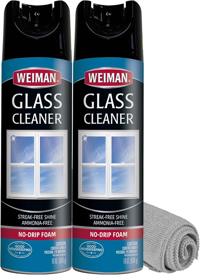 Weiman Glass Cleaner Aerosol Spray for Windows, Mirrors, Shower Doors, No Drip Foam, Residue & Streak Free Shine, Ammonia Free, Dissolves Fingerprints, Smudges & Dirt, 19 Oz, Pack of 2