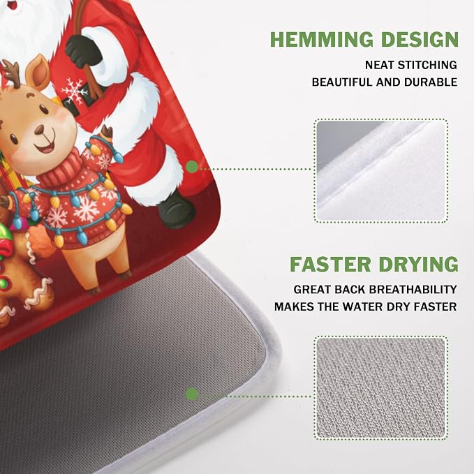 Merry Christmas Dish Drying Mat for Kitchen Counter 16x18 Inch | Xmas Theme Snowman Santa Claus Trees Pattern Dish Drainer Mat Rustic Holiday Absorbent Washable Drying Pad