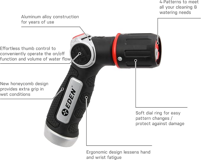Eden PRO 94827 Metal Thumb Control 4-Pattern Turbo Nozzle | Heavy-Duty Hose Sprayer for Garden, Lawn, Plants, Outdoor Cleaning, Durable Aluminum Core, Quick Connect Set Bundle