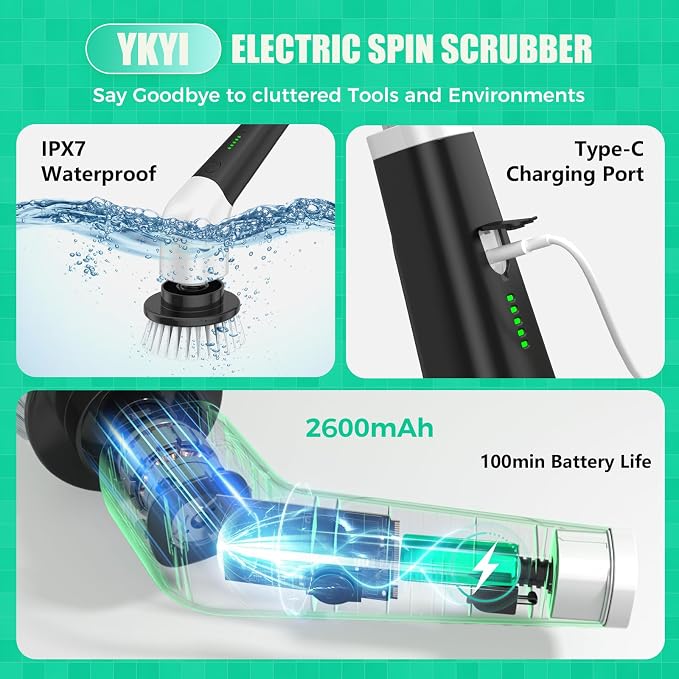 YKYI Electric Spin Scrubber, Cordless Power Scrubber Cleaning Tool with 8 Replaceable Heads and Extension Handle for Bathroom, Tub, Tile, Floor, Grout and Car (White) | 8 Replaceable Heads, Extension Handle, For Bathroom, Tub, Tile, Floor, Grout and Car