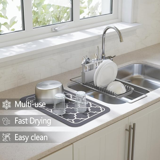 Dish Drying Mat 2-Pack in Grey Quatrefoil for Kitchen Counter Dishes Mat | Diatom Mud Mats (18x24, 19.5x12"). Non-slip rubber back for kitchen counter, coffee bar & sink scenes
