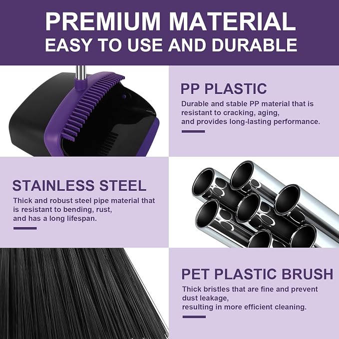 Broom and Dustpan Set with Long Handle, 55" Broom, Pet Hair Rubber Lip Upright Dustpan with Built-in Comb, Standing Dust Pan Set for Home Kitchen Office Indoor Outdoor