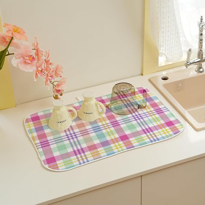 Easter Checkered Dish Drying Mat 18x24 Inch Colorful Buffalo Plaid Drying Mat Gingham Spring Holiday Absorbent Dish Drying Pad Dish Rack Drainer Mats for Kitchen Dining Counter