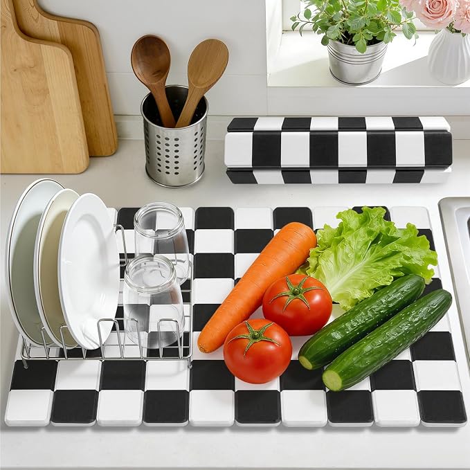Yamaziot Large Stone Drying Mat for Kitchen Counter, 15.3"x24" Foldable Ultra Absorbent Stone Drying Mat, Quick-Dry Diatomaceous Earth Mat, Non-Slip Heat Resistant Mat for Dishes, Cups, Bottles, Black