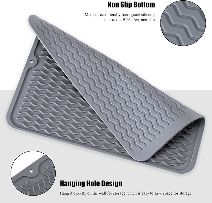 Large 17" x 14" Silicone Dish Drying Mat for Kitchen Counter, Easy clean, Quick Dry, Heat-resistant Dish Drainer Mat for Sink,Refrigerator or Drawer liner (Food Grade Silicone-White)