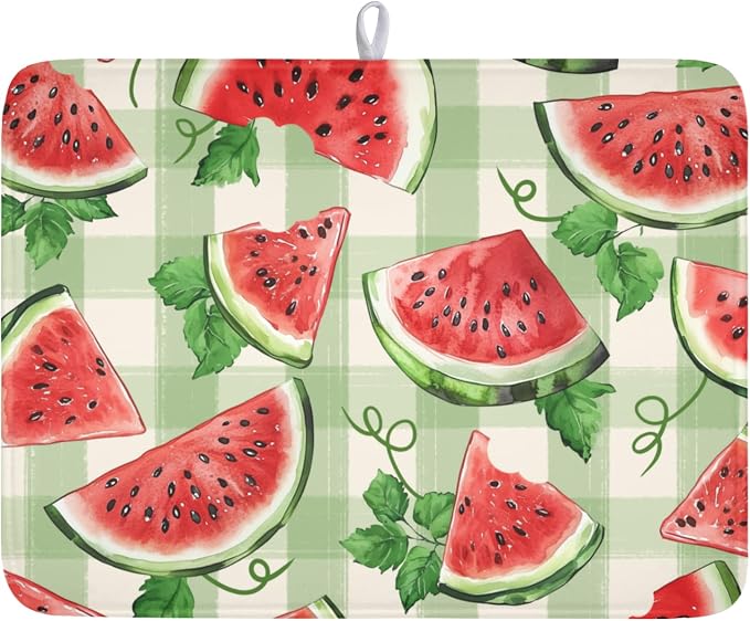 Summer Dish Drying Mat for Kitchen Counter Watercolor Watermelon Green Buffalo Plaid Microfiber Dish Drainer Mat Rustic Absorbent Washable Drying Pad Extra Large 18"x24"