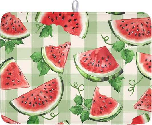 Summer Dish Drying Mat for Kitchen Counter Watercolor Watermelon Green Buffalo Plaid Microfiber Dish Drainer Mat Rustic Absorbent Washable Drying Pad Extra Large 18"x24"