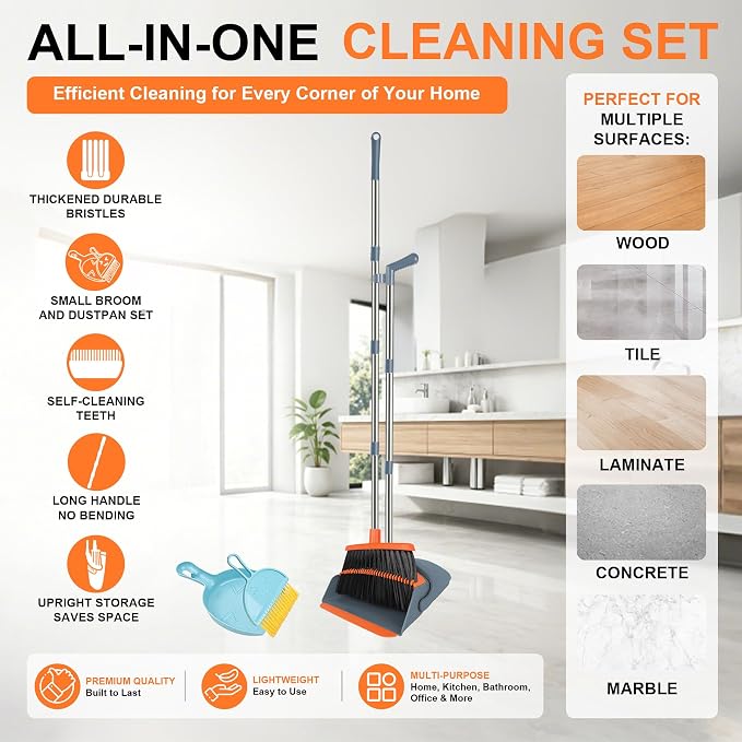 Broom and Dustpan Combo Set, 51" Long Handle Broom with Mini Set | Mini Set for Tables, Kitchens & Tight Spaces, Built-in Comb Dustpan, Foldable Space-Saving Storage, Multi-Surface Use