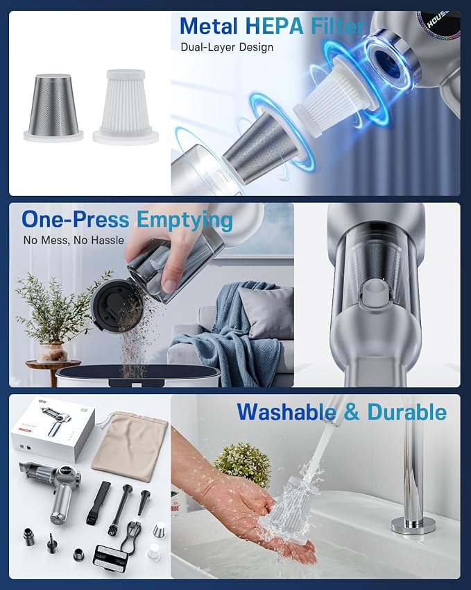 houscly Car Vacuum Cordless Mini Handhled 4-in-1 High Power Cleaner 25000Pa | Brushless motor-8000mAh-Rechargeable-Duster blower-Pet hair crumb cleaning for car sofa office desk- Ideal gifts for men