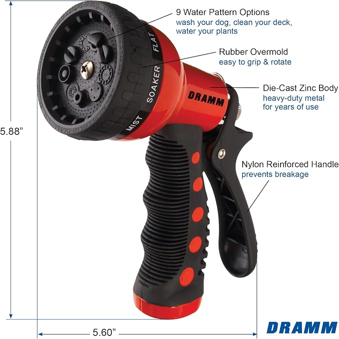 Dramm Revolver Heavy Duty Metal Garden Hose Nozzle – 9 Spray Patterns, High Pressure Jet, Thumb-Control Flow, Ergonomic Grip – Red