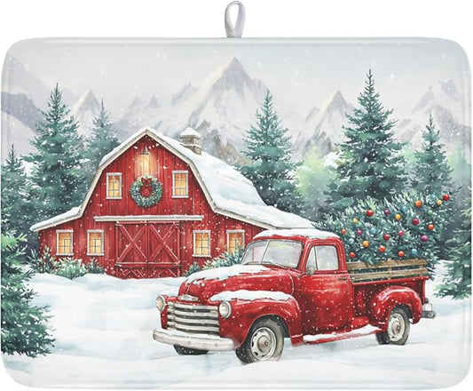 Winter Snowscape Dish Drying Mat for Kitchen Counter Christmas Red Truck Trees Dish Drainer Mat Xmas Holiday Rustic Farmhouse Absorbent Washable Drying Pad 18"x24"
