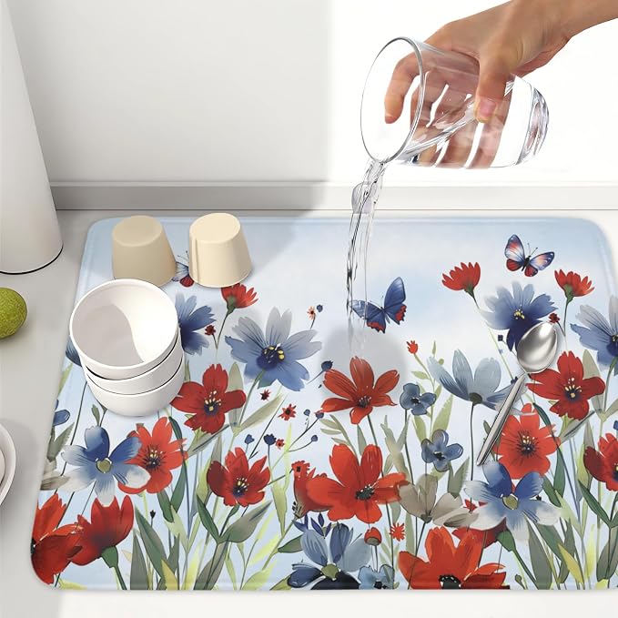 4th of July Dish Drying Mat for Kitchen Counter 18 x 24 Inch Patriotic Floral Dish Drainer Mat Absorbent Microfiber Independece Day Dish Rack Pad for Coffee Dining Bar Decor