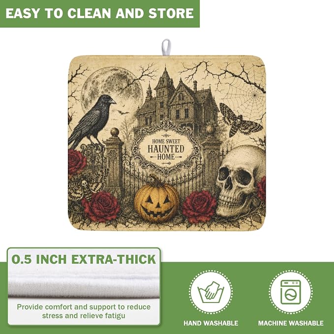 Halloween Pumpkin Dish Drying Mat for Kitchen Counter 16 x 18 Inch Ghost Castle Dish Drainer Mat Absorbent Microfiber Rose Skull Crow Dish Rack Pad for Coffee Dining Bar Decor