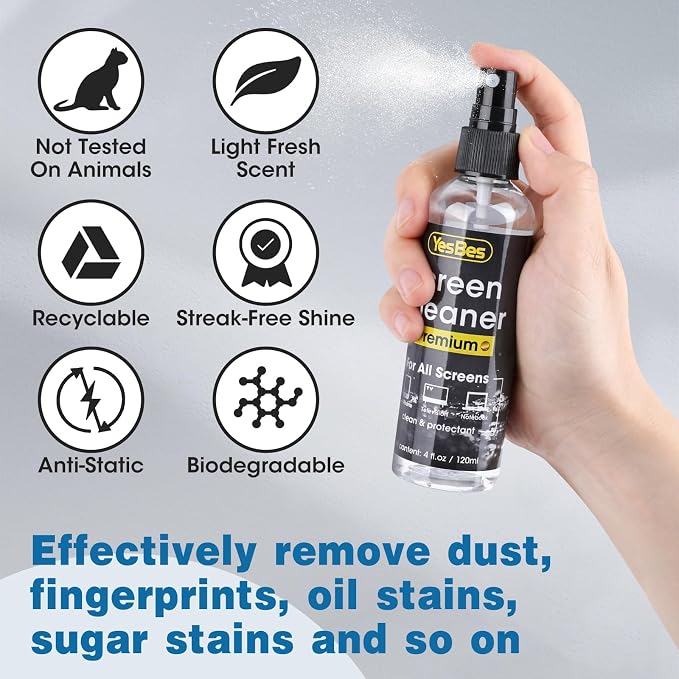Screen Cleaner Spray 16oz (4oz x 4 Pack) - TV & Computer Screen Cleaner with 2 Microfiber Cloths for Multiple Devices
