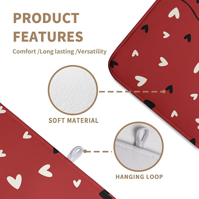 Valentine Dish Drying Mat for Kitchen Counter Valentines Day Red Black Love Heart Holiday Drying Mats Absorbent Microfiber Dish Draining Mat Extra Large Dish Rack Pad 18x24 Inch