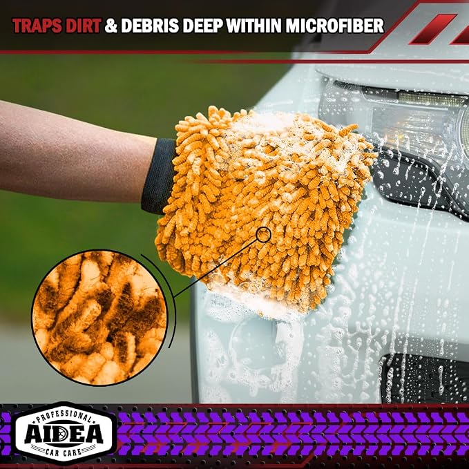 AIDEA Car Wash Mitt Microfiber, 2PK, Car Wash Brush, Orange, 8''X12'' | Scratch Free Lint-Free, Premium Chenille Microfiber Mitt, Cleaning Supplies, Extra Large Size