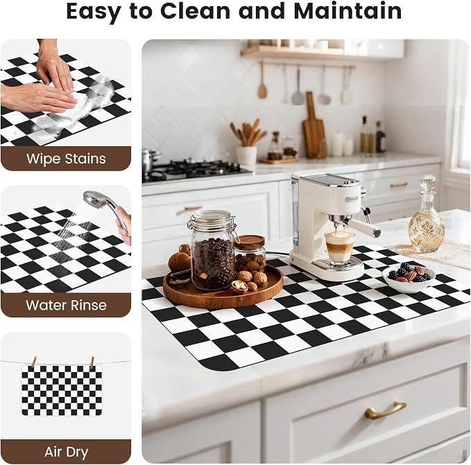 17" x 32" Checkered Dish Drying Mat for Kitchen Counter, Absorbent Coffee Bar Mat for Espresso Machine Coffee Countertops Accessories, Black