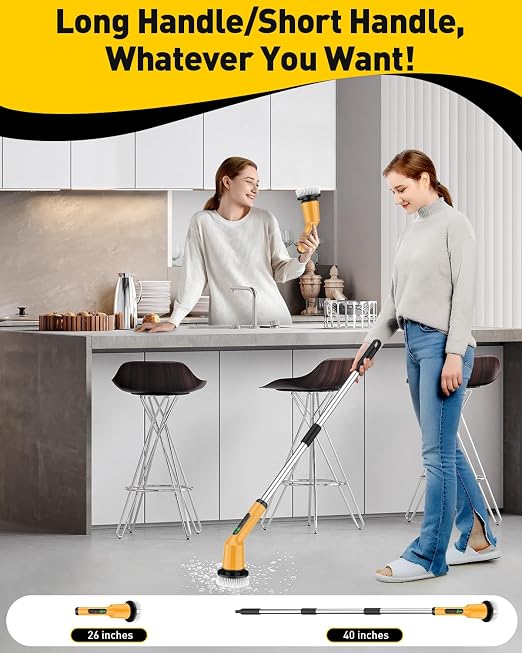 Electric Spin Scrubber for Cleaning Bathroom, Shower Scrubber Cordless Cleaning Brush with IPX7 Waterproof & 2 Speed, 3 Floor Machine Pads, Bathroom Cleaning Supplies for Shower Tub Yellow