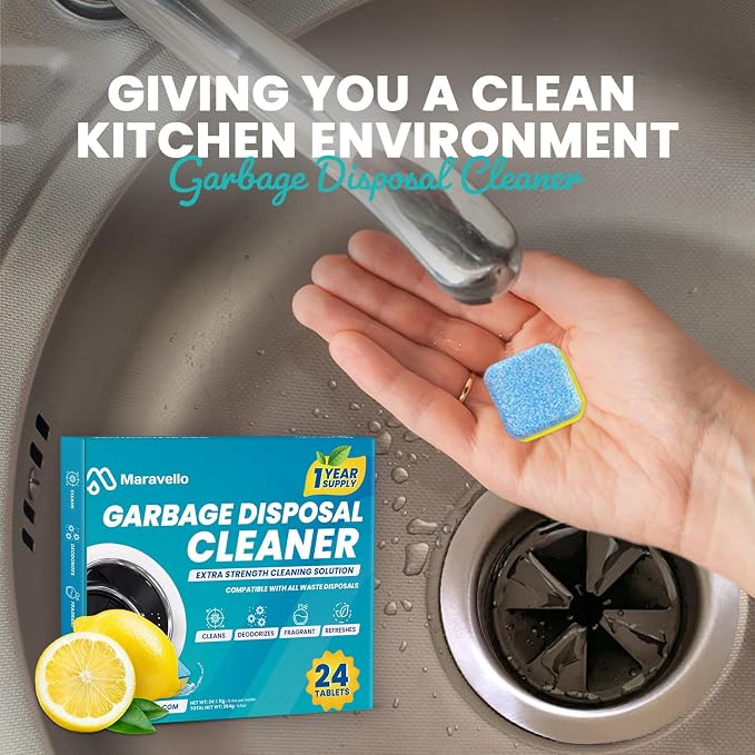 Garbage Disposal Cleaner and Deodorizer 24 Tablets: Maravello Sink Foaming Garbage Disposer Freshener - Kitchen Drain Cleaning Pods with Lemon Fresh Formula - 1 Year Supply