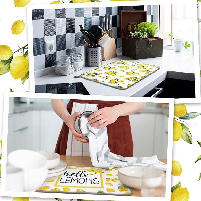 Zonon Dish Drying Mat for Kitchen Counter 16 x 24 Microfiber Absorbent Dish Drainer Rack Pads Fast Dry Mat Vintage Kitchen Decorations(Lemon)