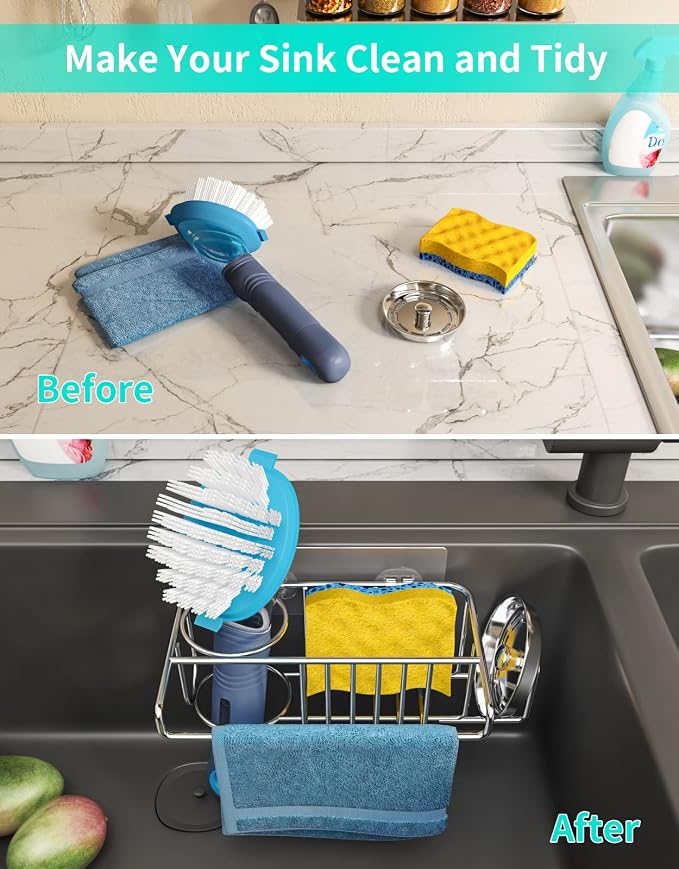 HapiRm Sink Caddy Sponge Holder - No Drill Sponge Caddy for Kitchen, Rustproof and Waterproof Kitchen Sink Organizer - Silver（2-Pack）