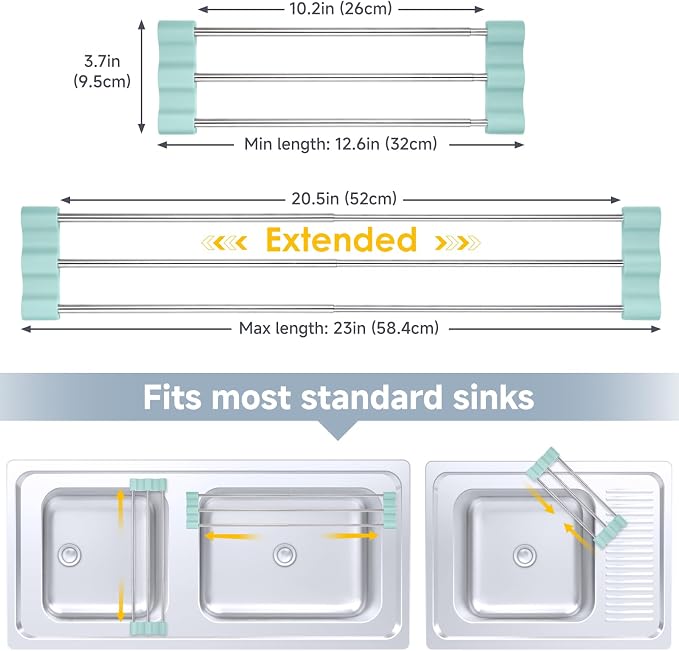 Extendable Over Sink Drying Rack, 3-Bar Telescopic Sink Dish Rack, SUS304 Stainless Steel with Light Cyan Silicone Ends, 10.24-20.47 in Adjustable, 16.5 lb Heat Resistant 428°F, Dishwasher Safe