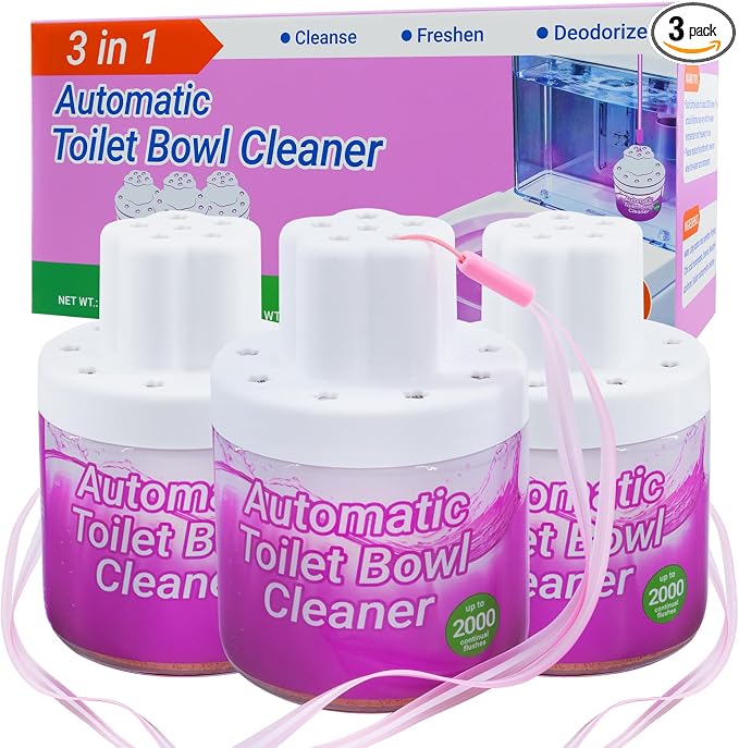 Automatic Toilet Bowl Cleaner 3 Pack - 9 Months Long Lasting Toilet Tank Cleaner, Pink Water Flush Stain Prevention & Deodorizer, Sustained Release with Easy-Lift Rope, Safe for Septic Systems