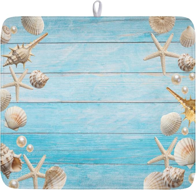 Summer Coastal Dish Drying Mat for Kitchen Counter Seashell Starfish Blue Wooden Board Microfiber Dish Drainer Mat Ocean Nautical Absorbent Washable Drying Pad Extra Large 16"x18"