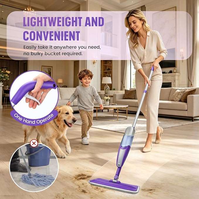 Spray Mop for Hardwood Floors Cleaning with 3 Washable Pads, Microfiber Wet Mops with Sprayer for Home Kitchen Tile Wood Vinyl Laminate Floor Dust Cleaning,16.9 oz Refillable Bottle, Purple