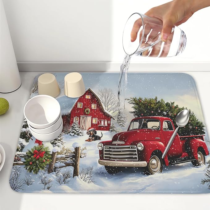 Giwawa Red Truck Dish Drying Mat Winter Xmas Tree Drainer Rack Pad 16"x18" Microfiber Absorbent Quick Dry Dish Sink Mat for Table Kitchen Counter