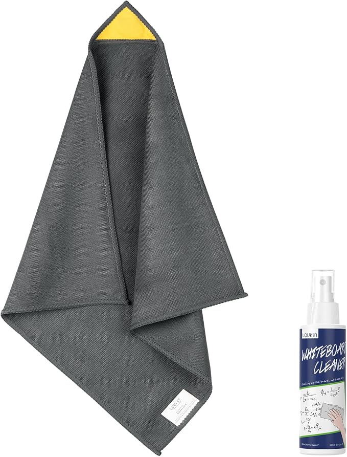 loukin Magnetic Whiteboard Cleaning Cloth, Dry Erase Cleaning Cloth for Classroom, Home and Office Use, Reusable & Washable, Grey, 12" x 12", 1 Bottle of 3.4 fl oz Whiteboard Cleaner Included