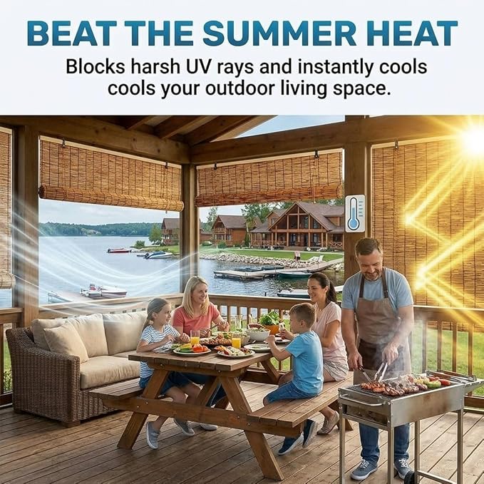 Bamboo Shades for Outdoor Patio Privacy 48" 52" 58" 68" 72" 74" 76" 78" W Light Filtering Bamboo Blinds Outdoor Roll up Shades for Porch Cordless Natural Blackout Bamboo Roller Blinds(26" W x 48" H)