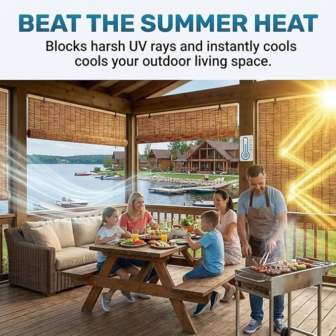 Bamboo Shades for Outdoor Patio Privacy 48" 52" 58" 68" 72" 74" 76" 78" W Light Filtering Bamboo Blinds Outdoor Roll up Shades for Porch Cordless Natural Blackout Bamboo Roller Blinds(42" W x 64" H)