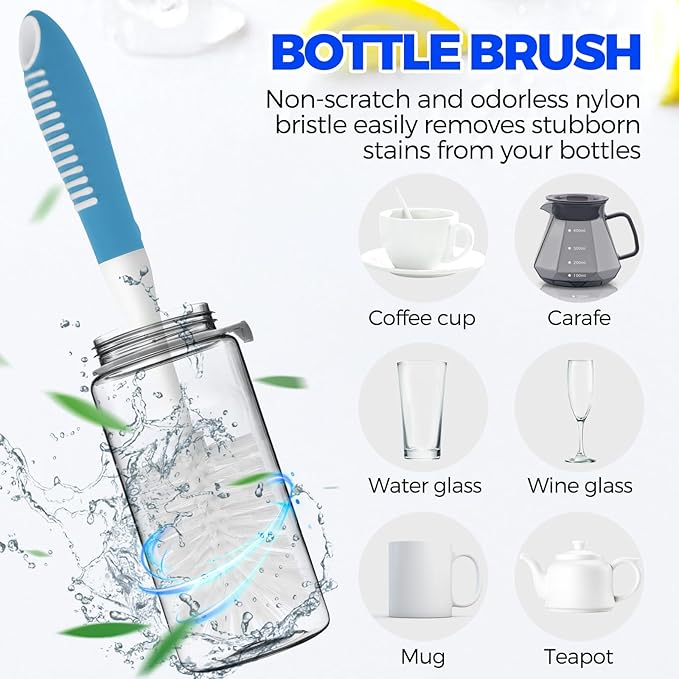 Holikme 6 Pack Dish Brush Set with Bottle Brush, Dish Scrub Brush, Pan Brush and 3 Straw Brushes, Deep Cleaning Handle Brush with Scraper Tip for Kitchen Sink Dishes Bottle Cup Pot and Pans (Azul)